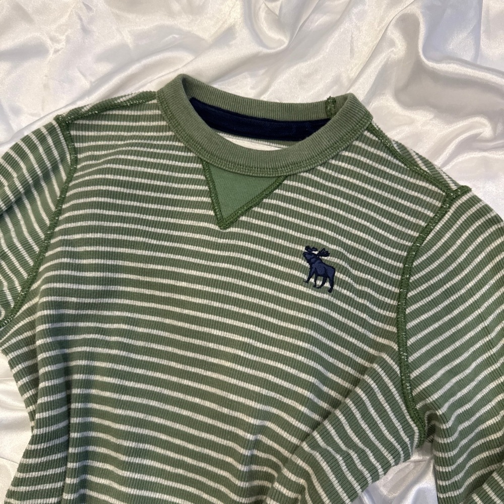 Abercrombie Green Striped Thermal Long Sleeve Waffle Knit Top Moose Logo Medium - Picture 3 of 4